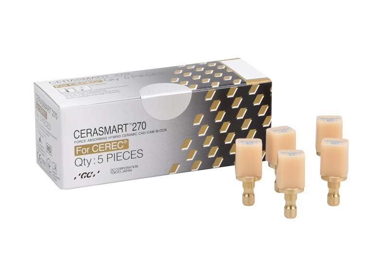CERASMART™ 270 CAD/CAM-Blöcke für CEREC® mit Verpackung und fünf Blöcken.