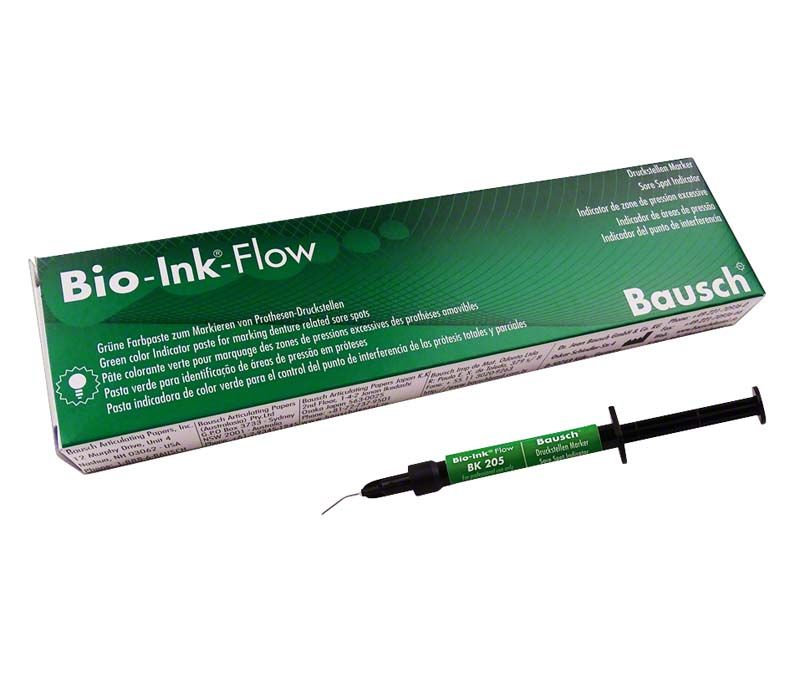 Bio-Ink® Flow grüne 1ml Spritze für Prothesenanpassung mit Verpackung.