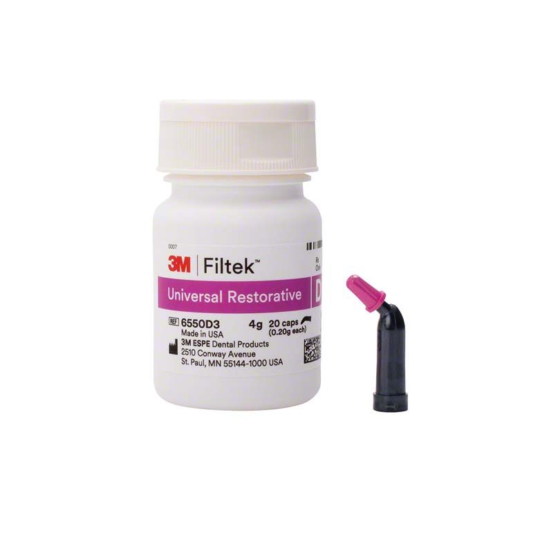 Filtek™ Universal Restorative Kapseln D3 mit Verpackung und Einzelkapsel.