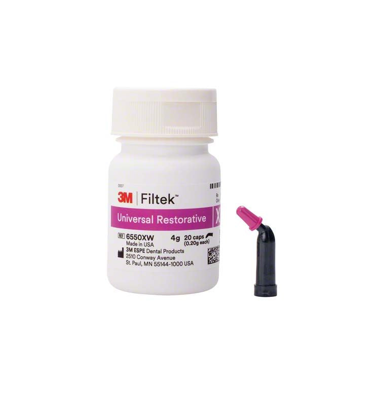 Filtek™ Universal Restorative Kapseln XW mit geöffneter Kappe auf weißem Hintergrund.