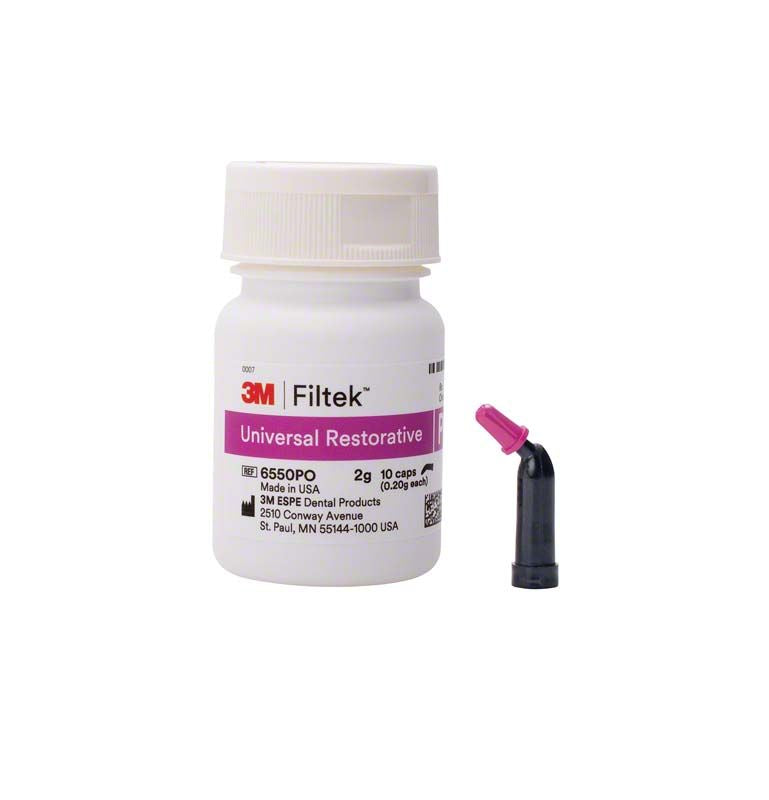 Filtek™ Universal Restorative Kapseln PO in weißer Flasche mit rosa Kapselaufsatz.