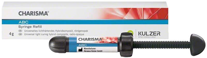 Charisma® ABC Spritze A1 für zahnmedizinische Restaurationen, Nahaufnahme der Verpackung und Spritze.