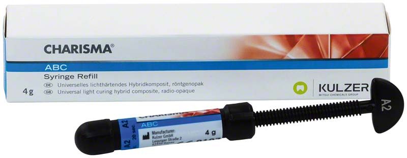 Charisma® ABC Spritze A2 vor Verpackung mit Produktdetails.