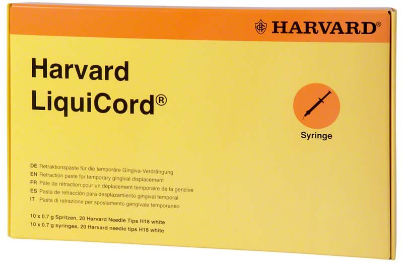Gelbe Verpackung von Harvard LiquiCord® mit Spritzensymbol und Textdetails.