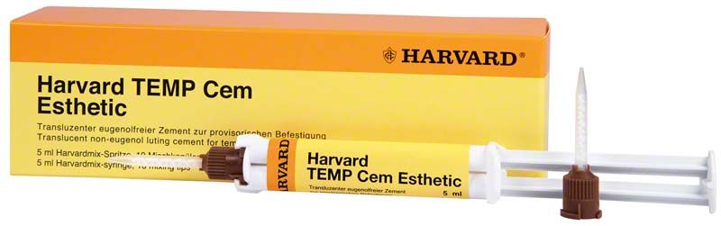 Harvard TEMP Cem Esthetic Zement in Spritze vor Produktverpackung.