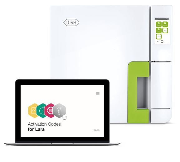 Weißer Autoklav Lara 17 mit grünem Akzent und Laptop zur Aktivierung.