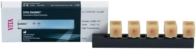 ENAMIC® multiColor CAD/CAM-Rohlinge auf schwarzer Halterung vor Verpackung.