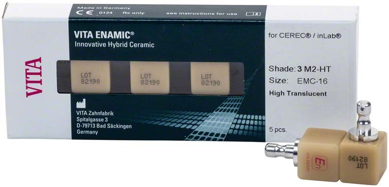 ENAMIC® multiColor CAD/CAM-Rohling für präzise Dentalrestaurationen, Verpackung mit Block.