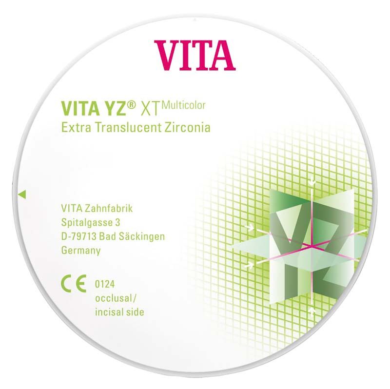 VITA YZ XT Multicolor Zirkondisk 14mm mit grünem Logo und CE-Kennzeichnung.