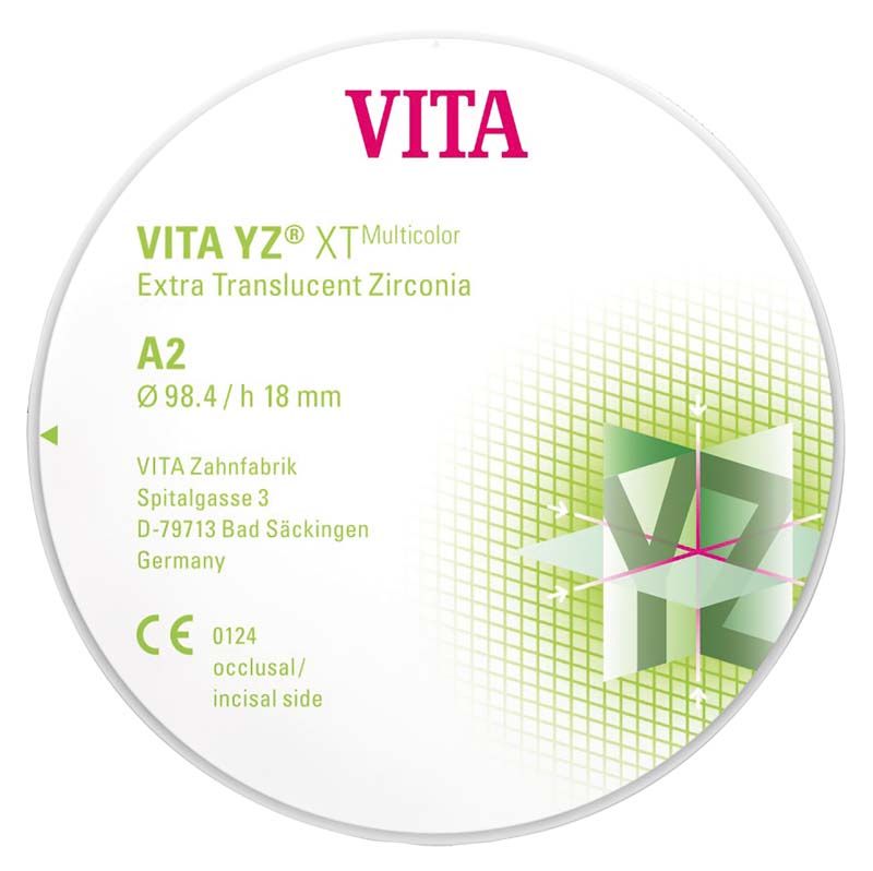 VITA YZ XT Multicolor Disk 18mm A2 mit Verpackungsdetails.