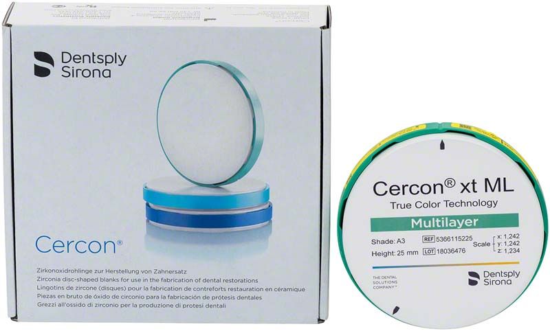 Verpackung und Disk von Cercon® xt ML in Farbton B2 für Zahnersatz.