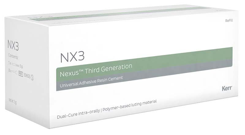 NX3 Befestigungszement-Verpackung mit Produktinformationen und Kerr-Logo.