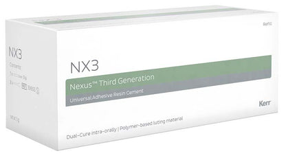 NX3 Befestigungszement-Verpackung mit Produktinformationen und Kerr-Logo.