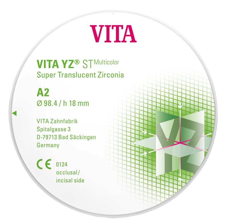 VITA YZ® ST Multicolor Zirkonoxid-Disk 18mm A2 mit Verpackungsgrafik.