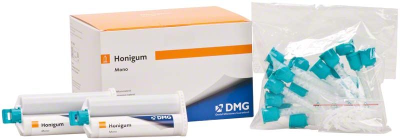 Honigum-Mono Automix Kartusche mit Verpackung und grünen Mischkanülen.