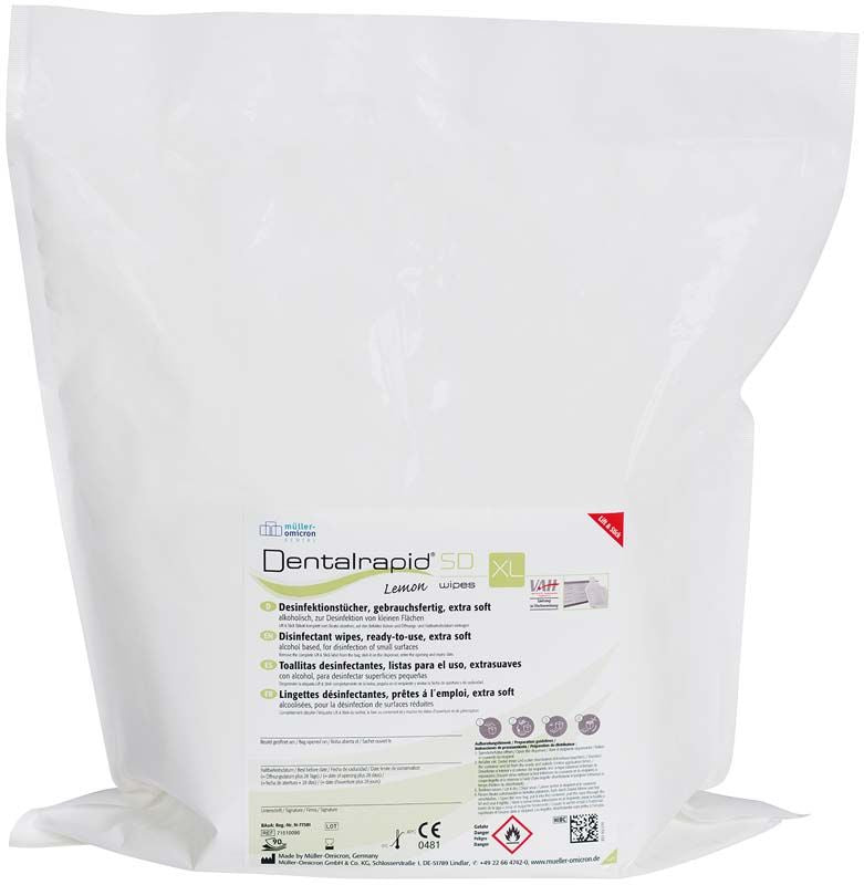 Dentalrapid® SD wipes XL Lemon Verpackung mit Produktinformationen und Etikett.