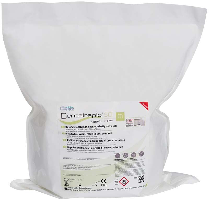 Desinfektionstücher Dentalrapid® SD Lemon in weißer Verpackung.