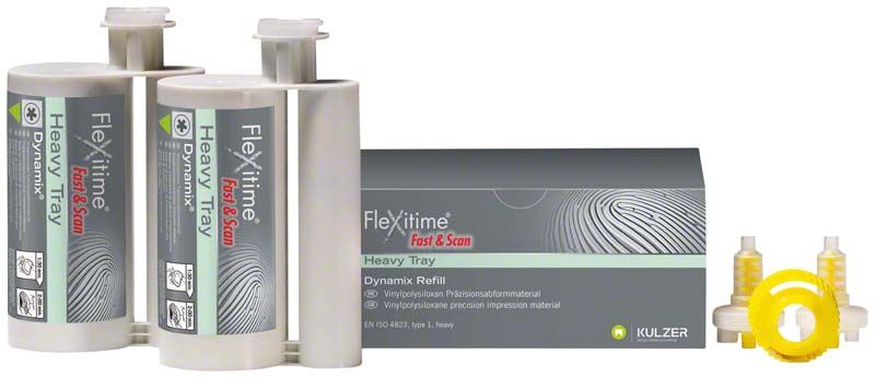 Flexitime Fast+Scan Dynamix Heavy Tray Abformmaterial mit Verpackung und Zubehör.