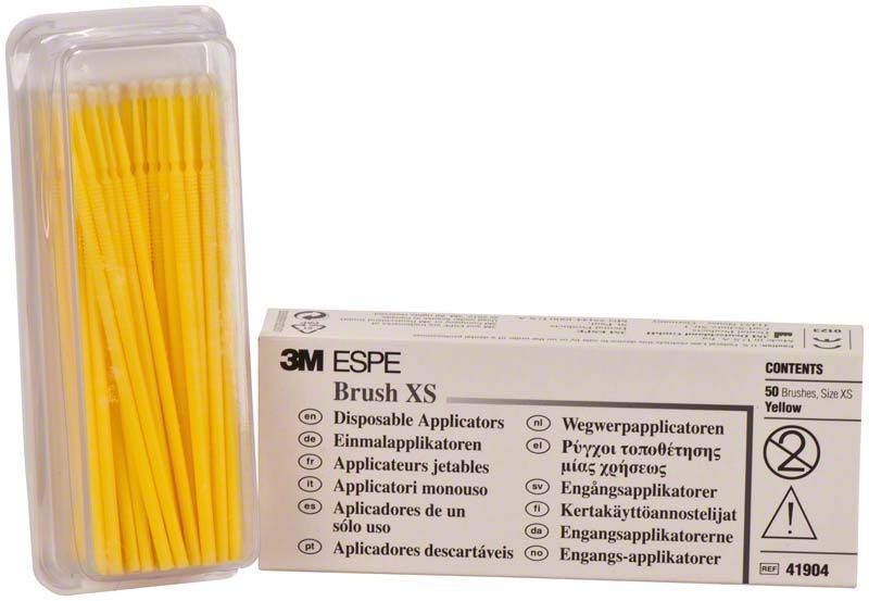 Brush M Einmalapplikatoren gelb fein mit grauem Griff in Verpackung.