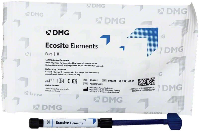 Ecosite Elements PURE Spritze B1 mit Verpackung und Produktdetails.