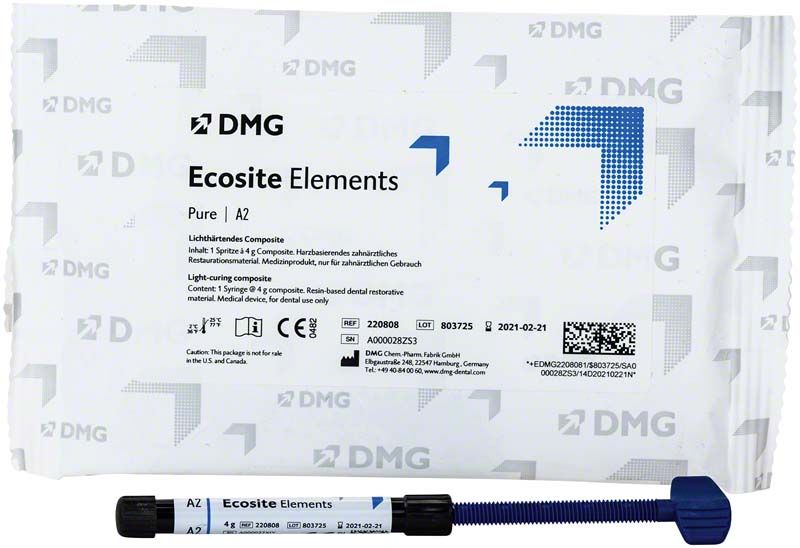 Lichthärtendes Composite Ecosite Elements PURE Spritze A2 mit Verpackung.