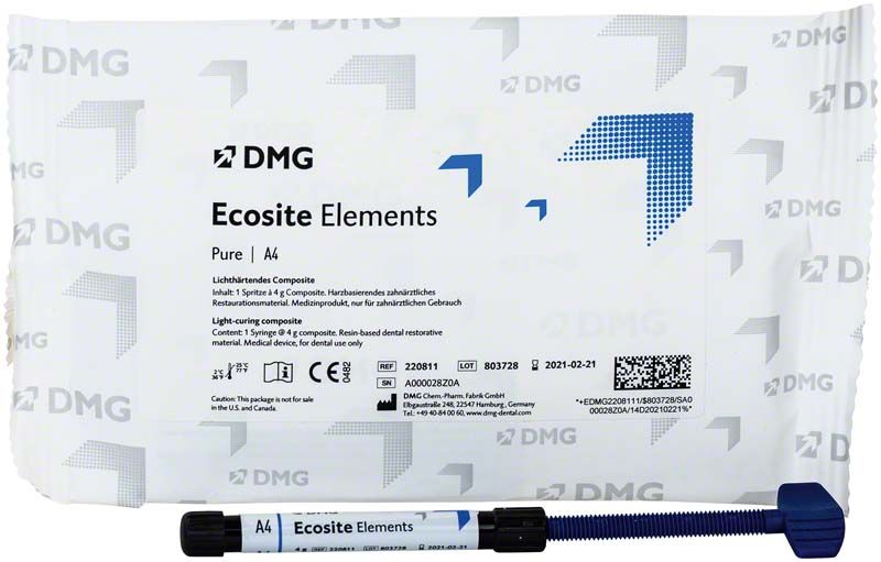 Ecosite Elements PURE Spritze A4 in weißer Verpackung mit blauem Stift.
