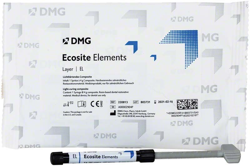Ecosite Elements LAYER Spritze EL vor Verpackung mit Produktinformationen.