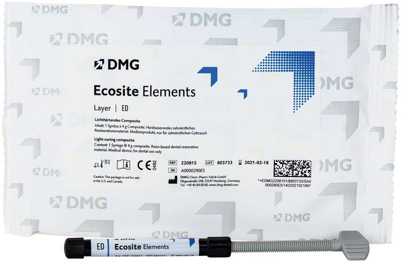 Ecosite Elements LAYER Spritze ED vor Produktverpackung mit DMG-Logo.