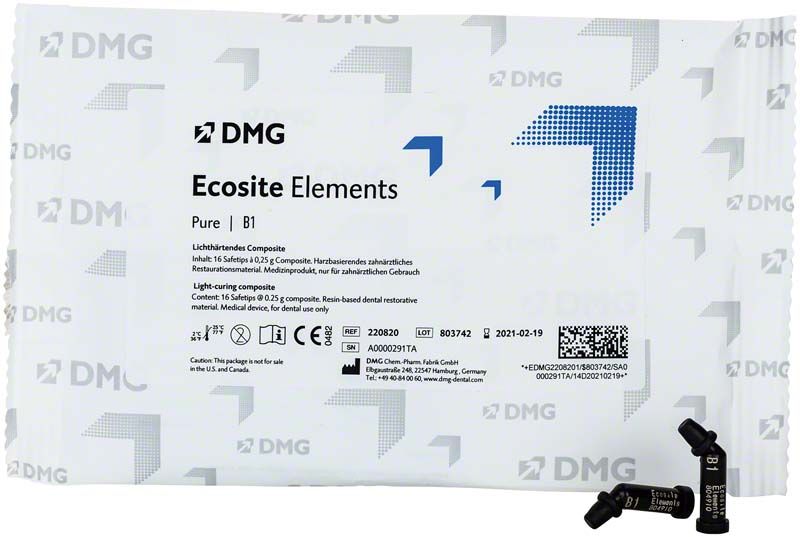Lichtaushärtendes Komposit Ecosite Elements PURE Safetips B1 Verpackung.