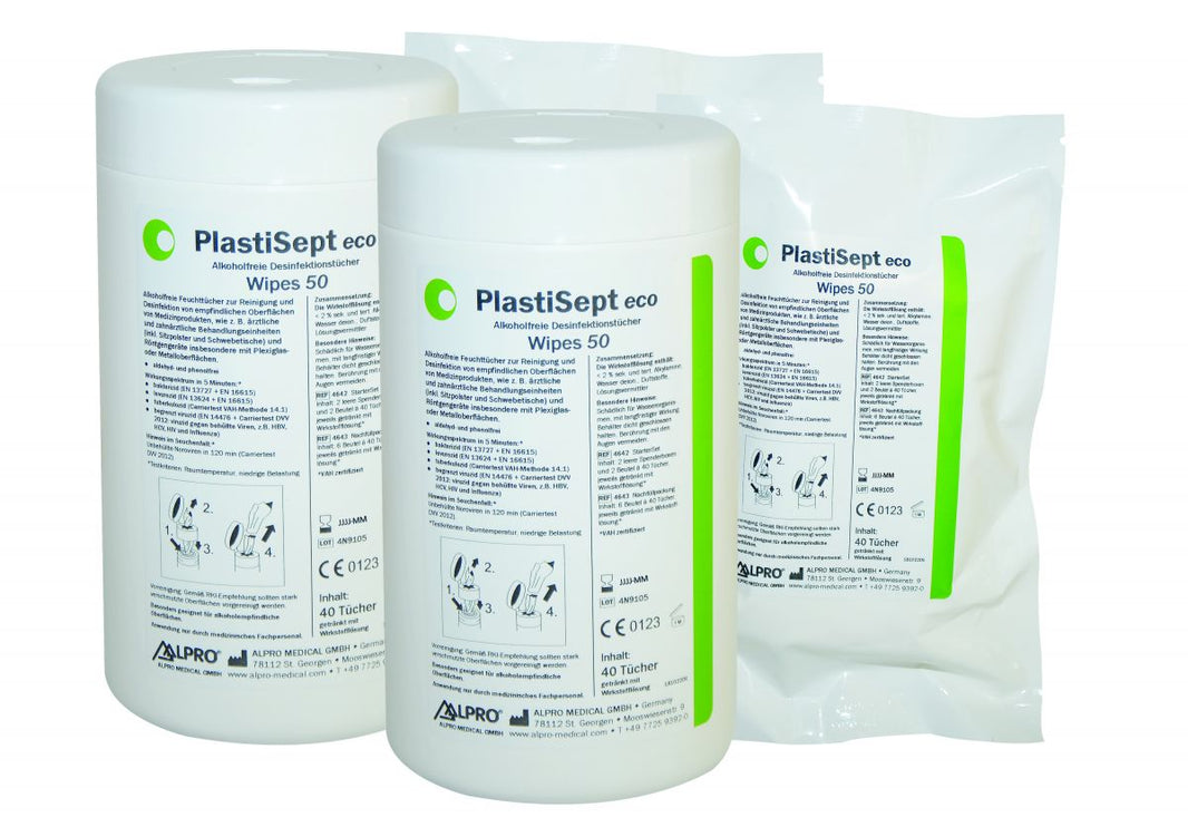 PlastiSept eco Wipes 50 Starter Set zur Desinfektion empfindlicher Oberflächen.