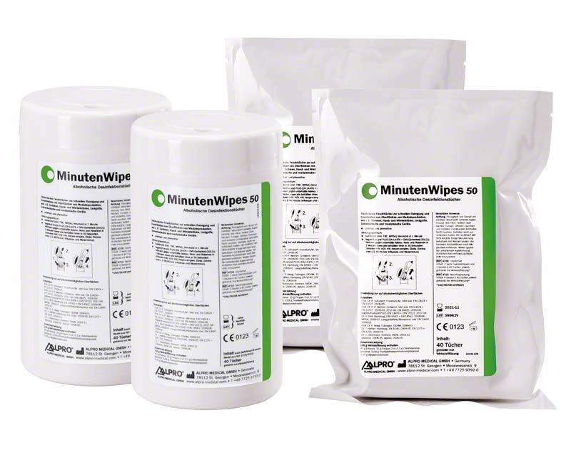 MinutenWipes 50 Starter Set mit Desinfektionstüchern in zwei Dosen und Nachfüllpackungen.