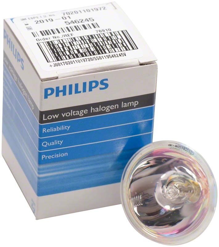 Philips Niedervolt-Halogenlampe neben ihrer blauen Verpackung.