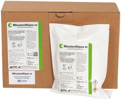 MinutenWipes 50 Nachfüllbeutel in weißer Verpackung vor braunem Karton.