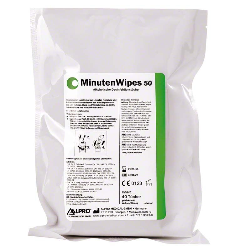 MinutenWipes 50 Nachfüllbeutel mit grünem Etikett und Produktinformationen.