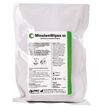 MinutenWipes 50 Nachfüllbeutel mit grünem Etikett und Produktinformationen.