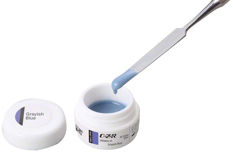 CERABIEN™ ZR FC Malfarbenpaste grau-blau mit geöffneter Verpackung und Spatel.