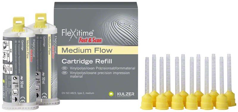 Flexitime Fast+Scan Medium Flow Kartuschen-Nachfüllpackung mit gelben Mischdüsen.