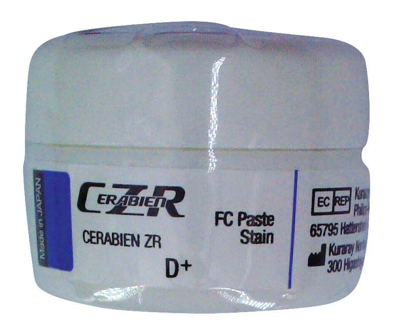 CERABIEN™ ZR FC Paste Stain D+ in weißem Kunststoffbehälter mit Etikett.