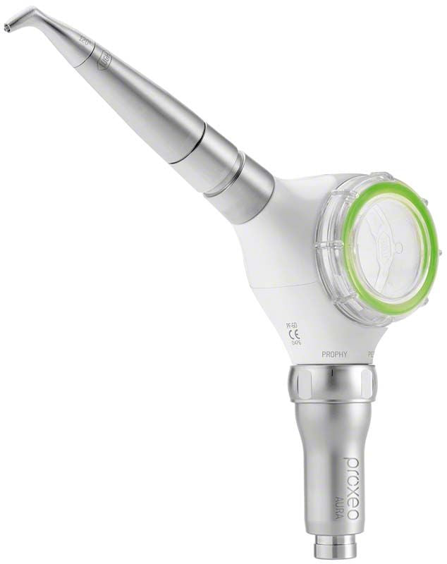 Prophylaxe-Handstück Proxeo Aura Prophy-Set mit grünem Ring und Anschlussadapter.