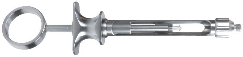Zylinderampullenspritze RS ME mit zerlegbarer Nadelführung aus Metall.