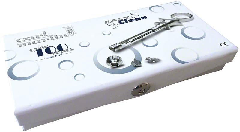 Zylinderampullenspritze Easy Clean in weißer Verpackung mit Zubehör.