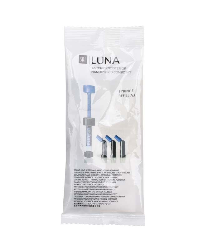 Luna Spritze Bleach in transparenter Verpackung mit blauen Kappen.