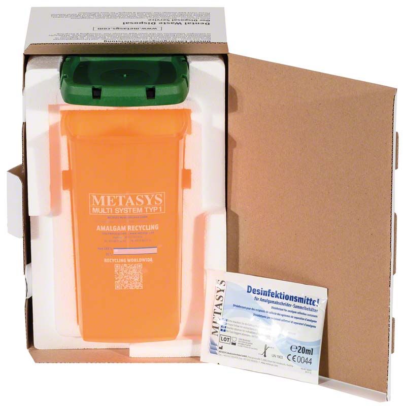 Amalgamabscheider-Austauschbehälter MST 1 in geöffneter Verpackung mit Desinfektionsmittel.