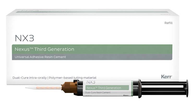NX3 dualhärtender Befestigungszement in weißer Spritze mit Verpackung.