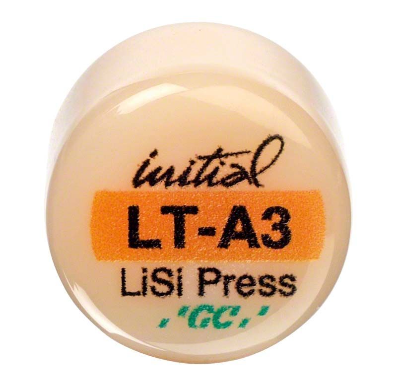 GC Initial™ LiSi Press LT A3 Keramikingot mit Produktaufdruck