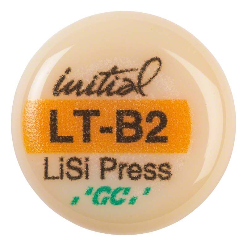 GC Initial™ LiSi Press LT B2 Keramikscheibe mit Aufschrift.