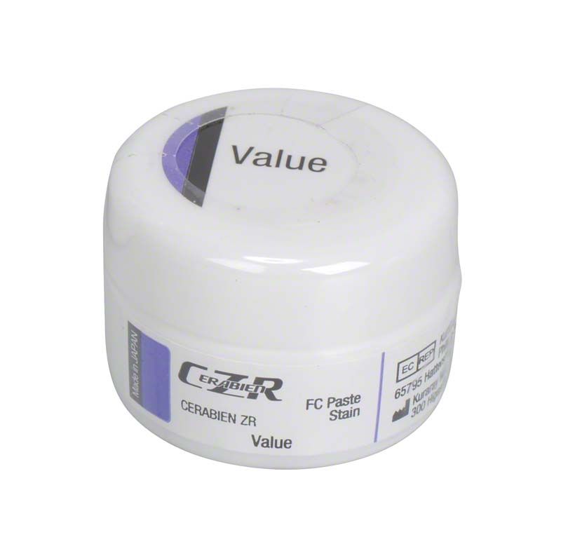 CERABIEN™ ZR FC Paste Stain Value in weißem Behälter mit Etikett.
