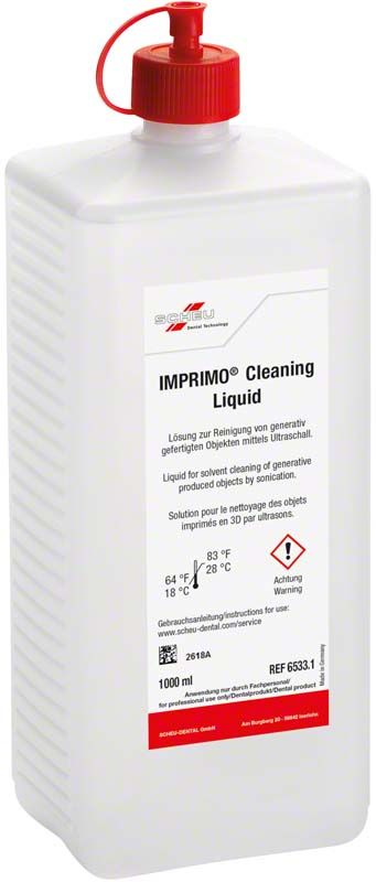 IMPRIMO® Clean Liquid Flasche 1L mit rotem Verschluss und Etikett.