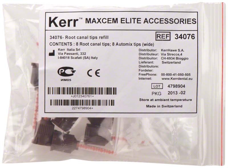 Maxcem Elite Wurzelkanalspitzen-Verpackung mit Etikett und Zubehör.