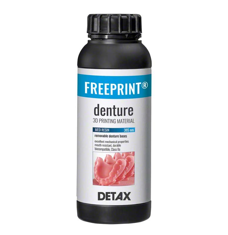 FREEPRINT® denture 385 rosa-transparent 3D-Druckmaterial-Flasche, 500 g, von Detax.